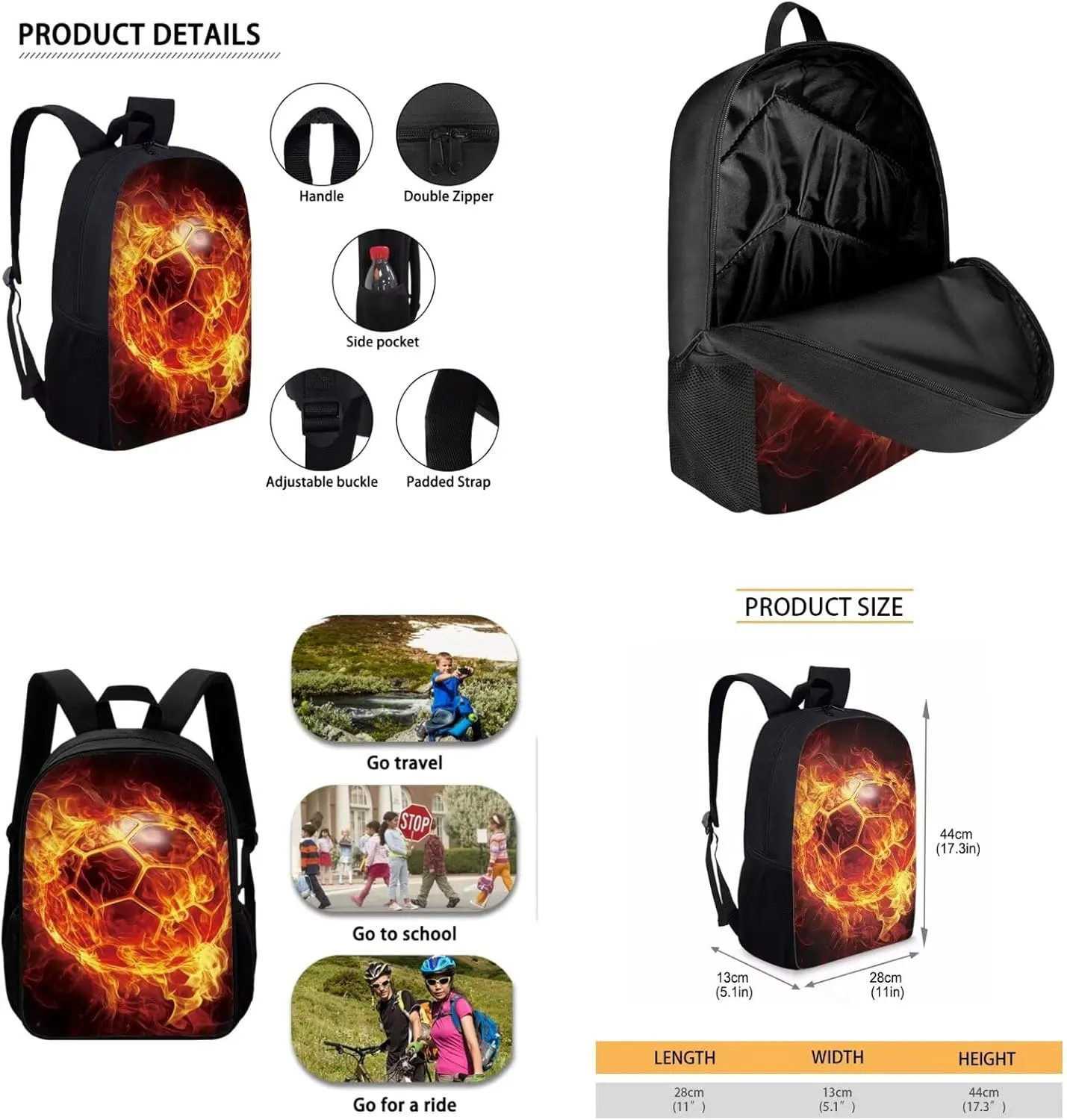 Bulopur Soccer School Backpack For Boys Fire Print Book Bag Set of 3, 17 Inch Zipper Backpack with Lunchbox Cross-Body Bags Aesthetic Pencil Pen Carrying Case for Middle School Students