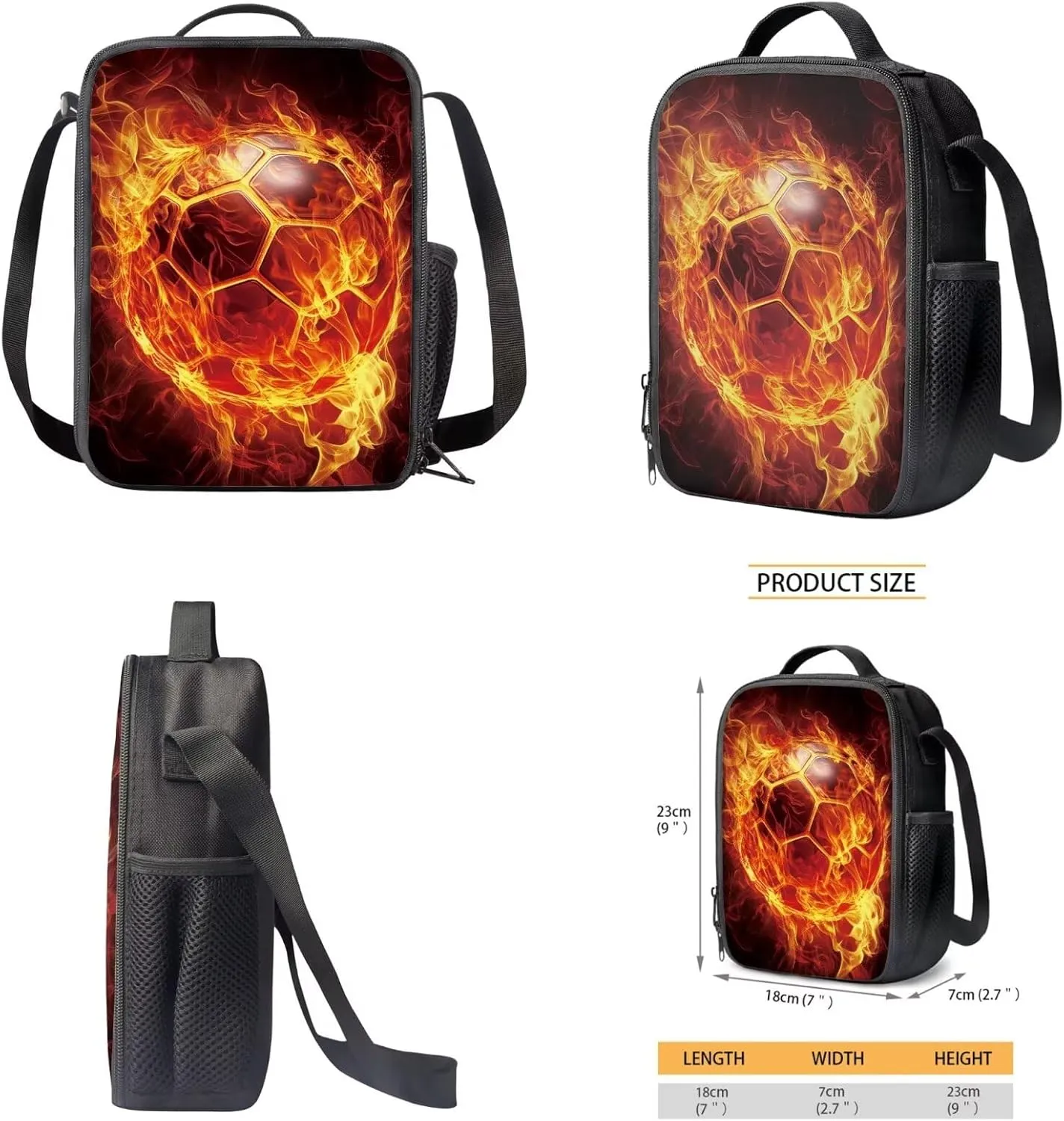 Bulopur Soccer School Backpack For Boys Fire Print Book Bag Set of 3, 17 Inch Zipper Backpack with Lunchbox Cross-Body Bags Aesthetic Pencil Pen Carrying Case for Middle School Students