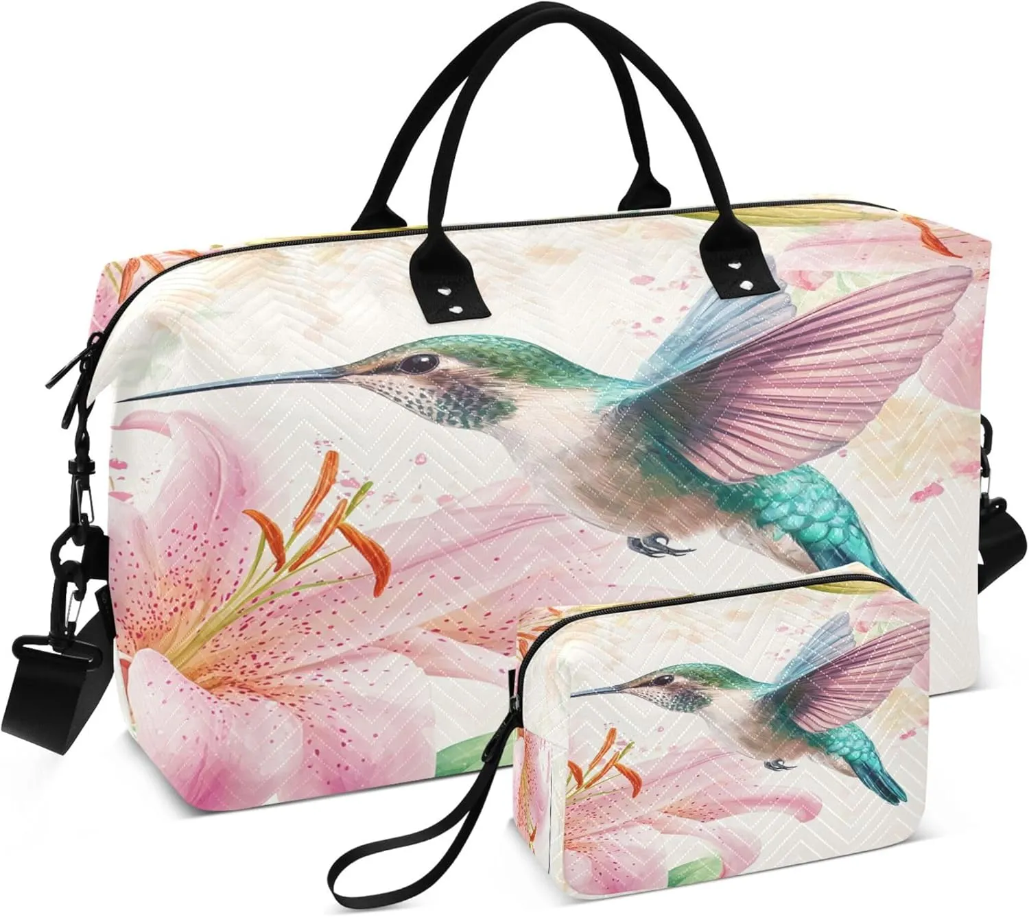 Burbuja Travel Duffel Bag for Women, Hummingbird Pink Lilies Weekender Overnight Bag Shoulder Carry On Tote Bag with Trolley Sleeve, Gym Bag with Toiletry Bag