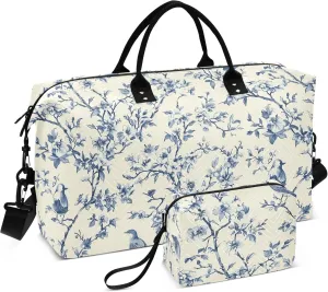 Burbuja Travel Duffel Bag for Women, Vintage Indigo Twig Bird Weekender Overnight Bag Shoulder Carry On Tote with Trolley Sleeve, Gym & Toiletry, Large Size
