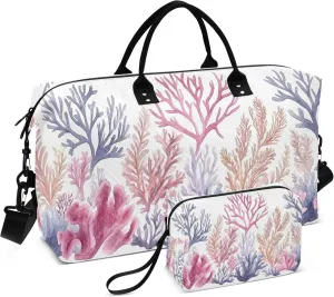 Burbuja Travel Duffel Bag for Women, Watercolor Corals Seaweed Weekender Overnight Bag Shoulder Carry On Tote Bag with Trolley Sleeve, Gym Bag with Toiletry Bag