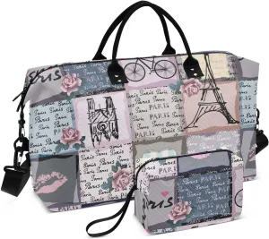 Burbuja Women's Multicolor Retro Vintage Paris Tower Weekender Overnight Duffel Bag with Trolley Sleeve, Shoulder Strap, 20.5'L x 7.9'W x 13.8'H, Gym Bag with Toiletry Bag