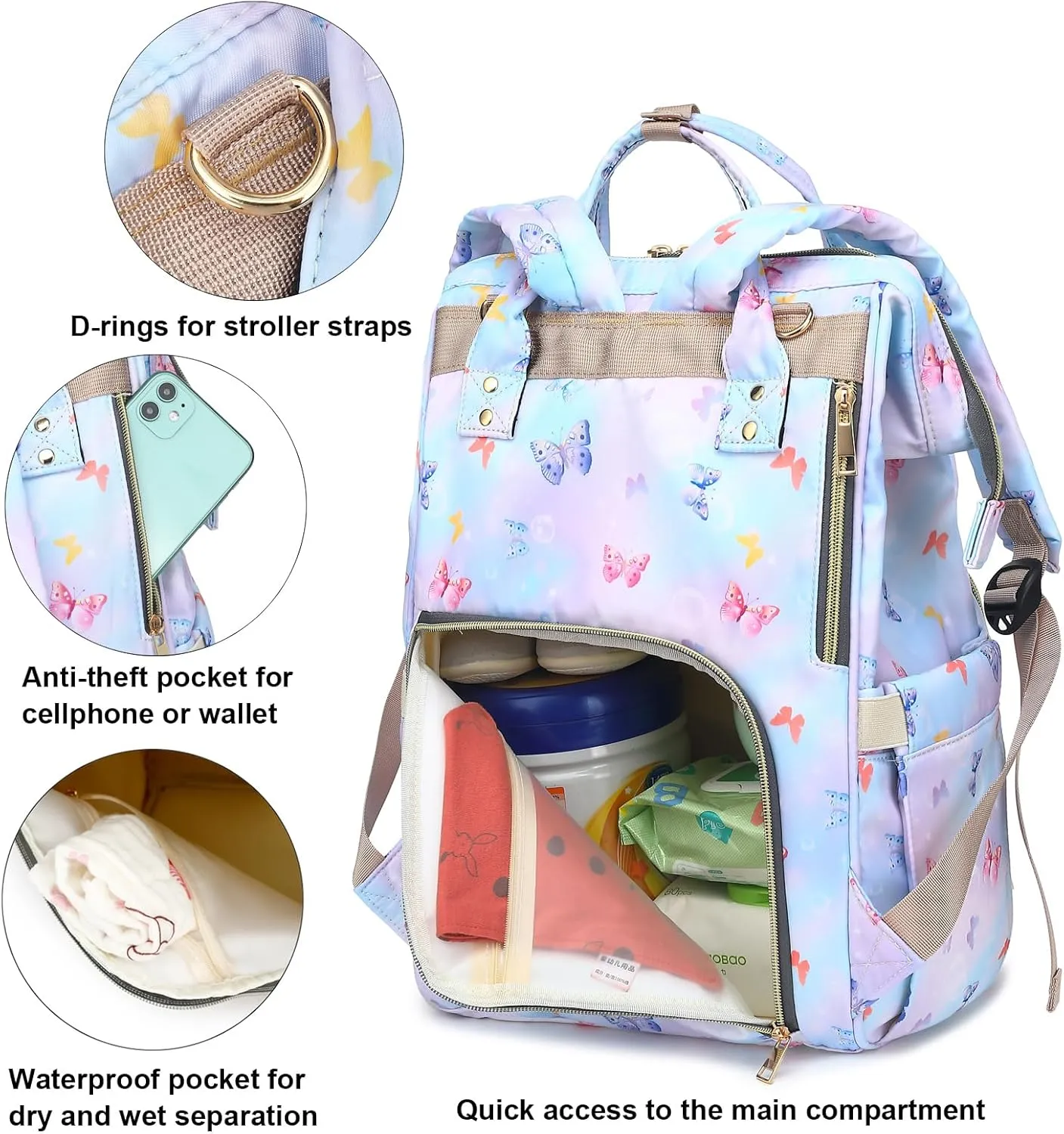 Butterfly Baby Diaper Bag Backpack for Girls Boys, Waterproof Large Maternity Nappy Bags for Mom