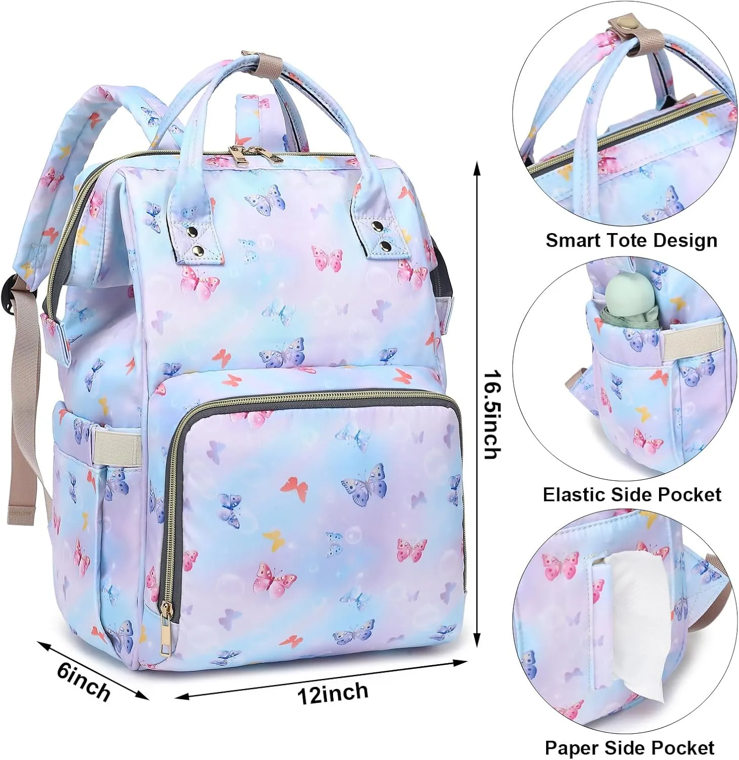 Butterfly Baby Diaper Bag Backpack for Girls Boys, Waterproof Large Maternity Nappy Bags for Mom