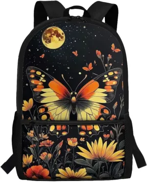 Butterfly Moon Print Kids Backpack for Girls Elementary Primary Middle School Bag for Aged 8-10 for Teens Childs Bookbag Back to School Bag