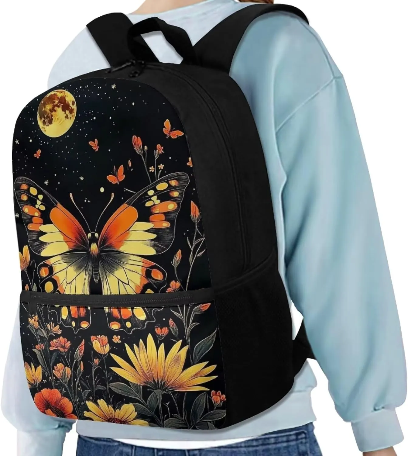 Butterfly Moon Print Kids Backpack for Girls Elementary Primary Middle School Bag for Aged 8-10 for Teens Childs Bookbag Back to School Bag