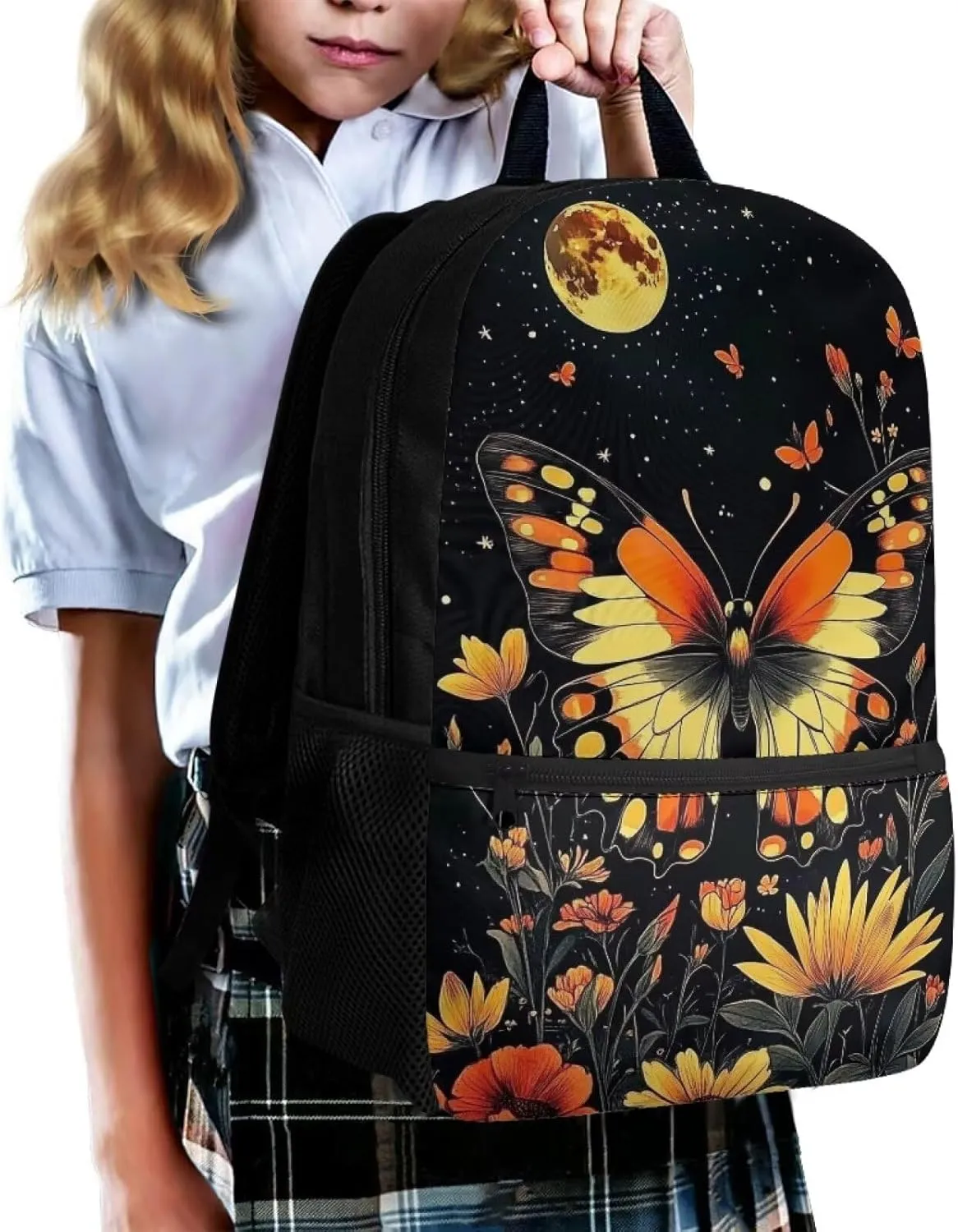 Butterfly Moon Print Kids Backpack for Girls Elementary Primary Middle School Bag for Aged 8-10 for Teens Childs Bookbag Back to School Bag