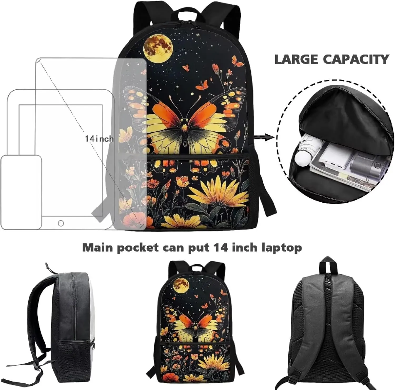Butterfly Moon Print Kids Backpack for Girls Elementary Primary Middle School Bag for Aged 8-10 for Teens Childs Bookbag Back to School Bag