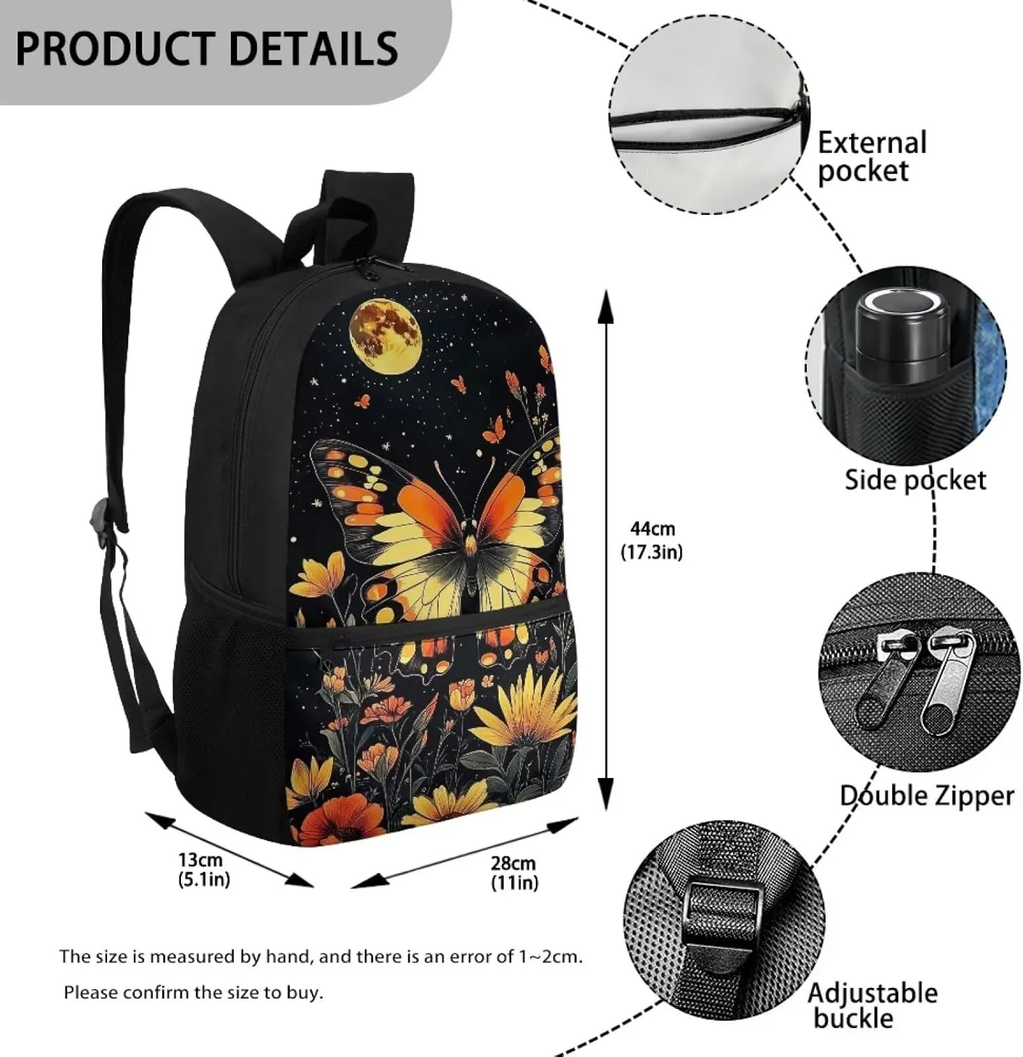 Butterfly Moon Print Kids Backpack for Girls Elementary Primary Middle School Bag for Aged 8-10 for Teens Childs Bookbag Back to School Bag