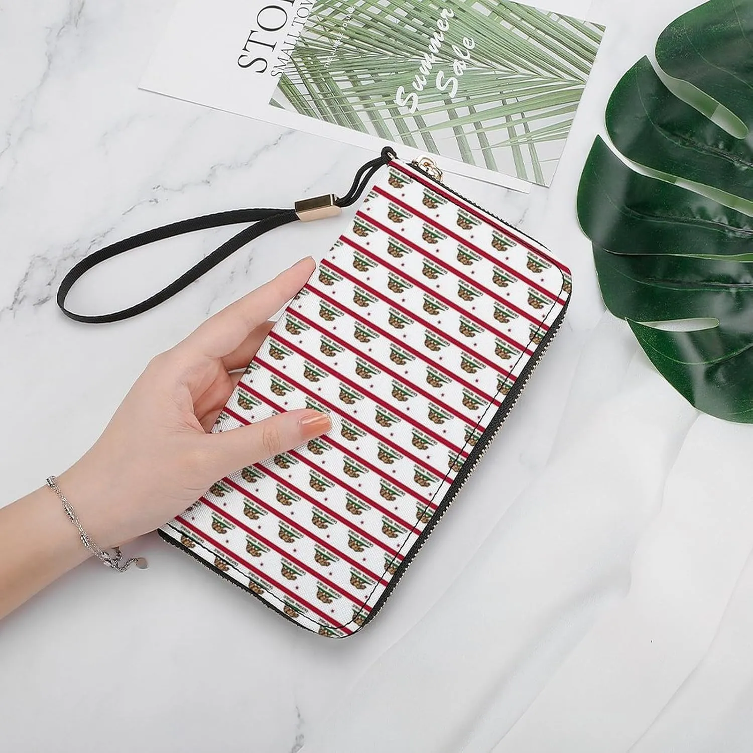 California Flag Women's Leather Long Large Capacity Wallet Clutch Wallet with Hand Strap