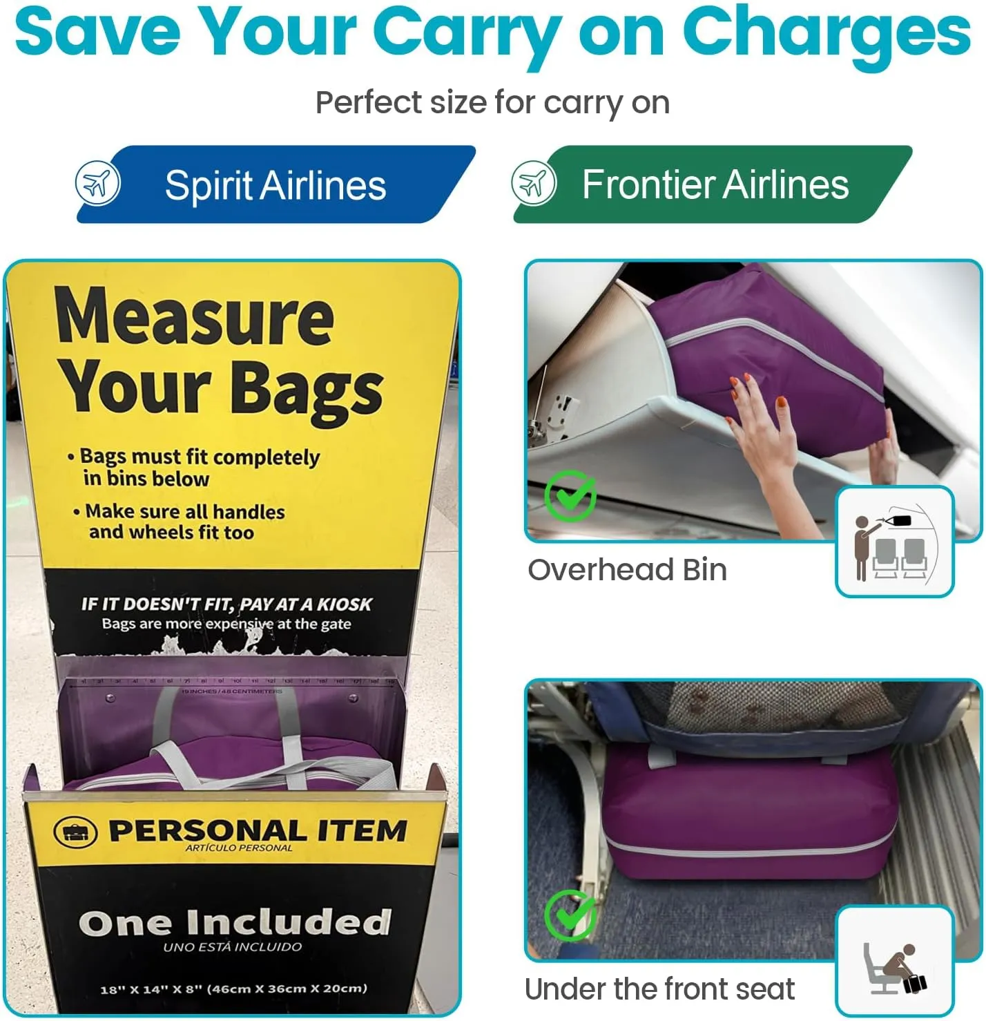 Cambond Spirit Airlines Personal Item Bag 18x14x8 Inch - 30L Personal Item Travel Bag for Short Trip, Lightweight Compact Underseat Foldable Travel Duffel Carry on Bags for Airplane, 2 Pack