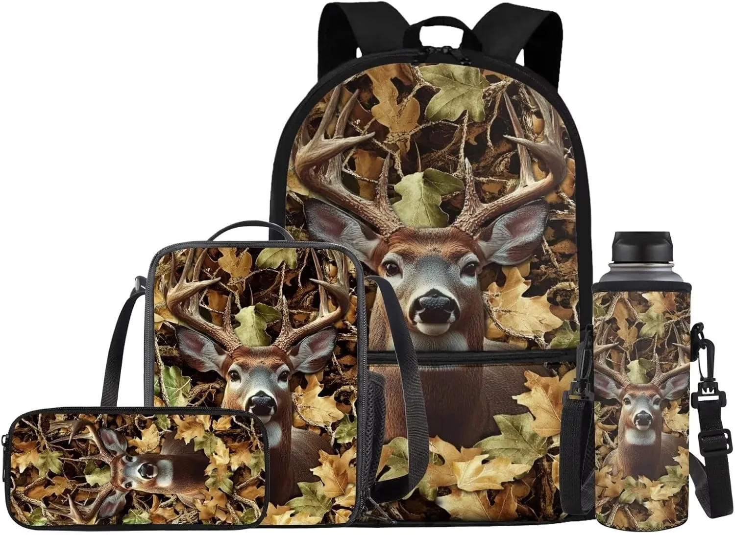 Camo Backpack for Boys Camo Hunting Deer Girls School Bag with Lunch Bag Pencil Case Water Bottle Holder 4 Piece School Daypack Travel Bag Satchel Bagpack