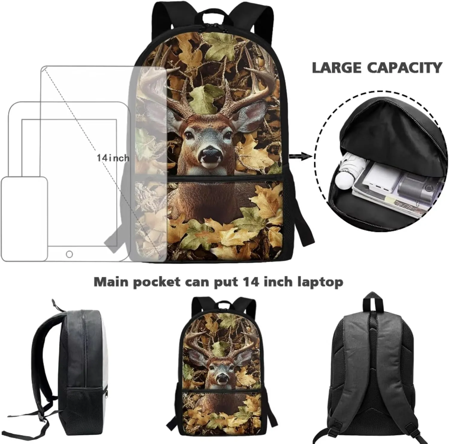 Camo Backpack for Boys Camo Hunting Deer Girls School Bag with Lunch Bag Pencil Case Water Bottle Holder 4 Piece School Daypack Travel Bag Satchel Bagpack
