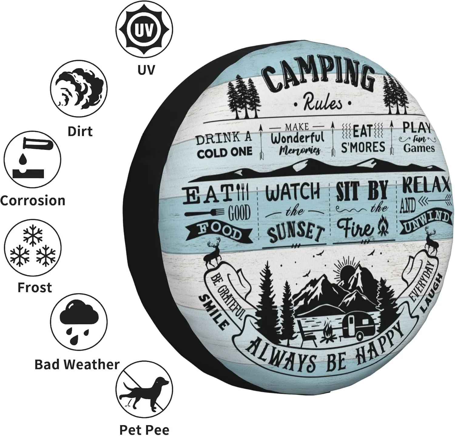 Camping Rules Spare Tire Cover for RV Camper Weatherproof Universal Wheel Cover for RV Travel Trailer Camper Truck 14inch