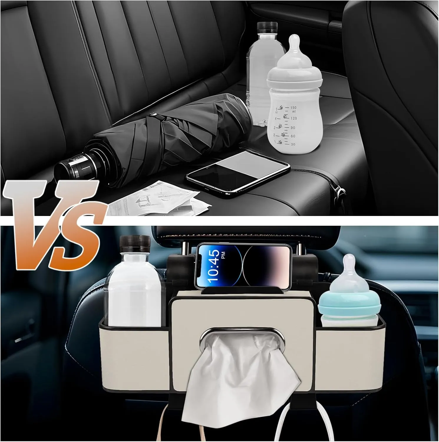Car Back Seat Organizer with Tissue, Car Seat Back Tissue Box and Storage Hook, Multifunctional Car Organizer for Hold Phone,Drinks,Handbag,Compatible with Most Vehicles (Beige)