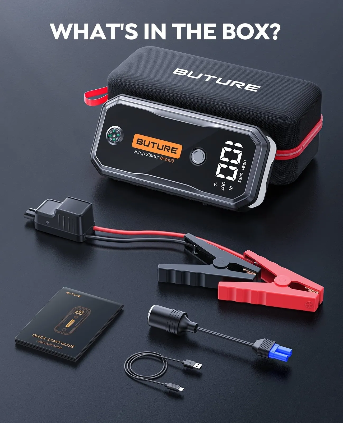 Car Battery Jump Starter 5000A 26800mAh (All Gas/10L Diesel) Powerful Portable Lithium Jump Starter with Fast Charge Extended Cables and Lights BUTURE