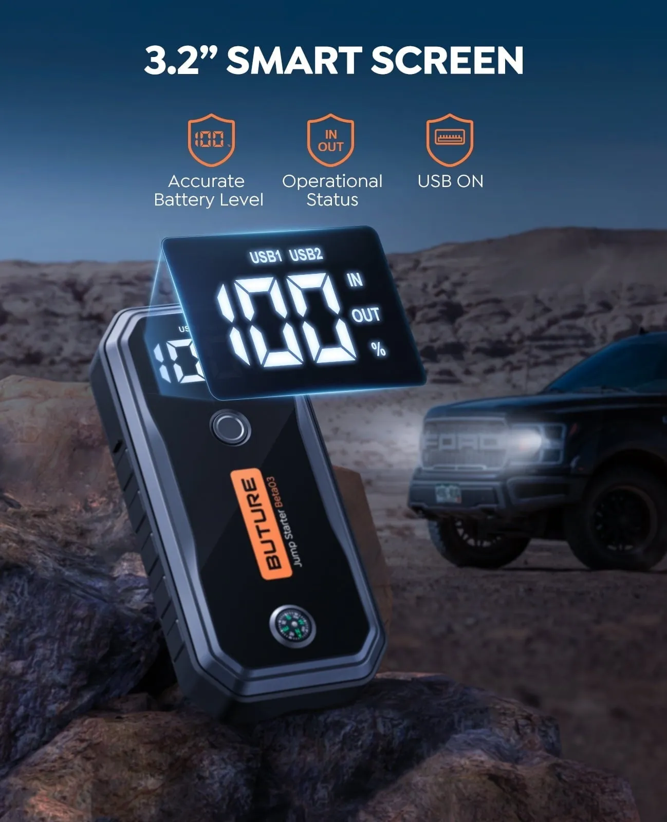 Car Battery Jump Starter 5000A 26800mAh (All Gas/10L Diesel) Powerful Portable Lithium Jump Starter with Fast Charge Extended Cables and Lights BUTURE