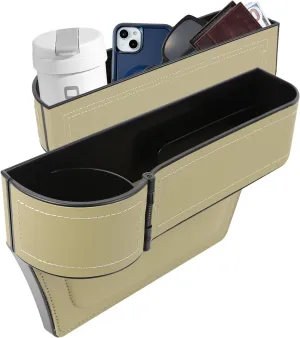 Car Seat Gap Filler Organizer, Multifunctional Car Seat Organizer with Adjustable Cup Holder, Leather Car Seat Gap Storage Box for Holding Phones, Coins, Cards, Keys, Pens (Beige)