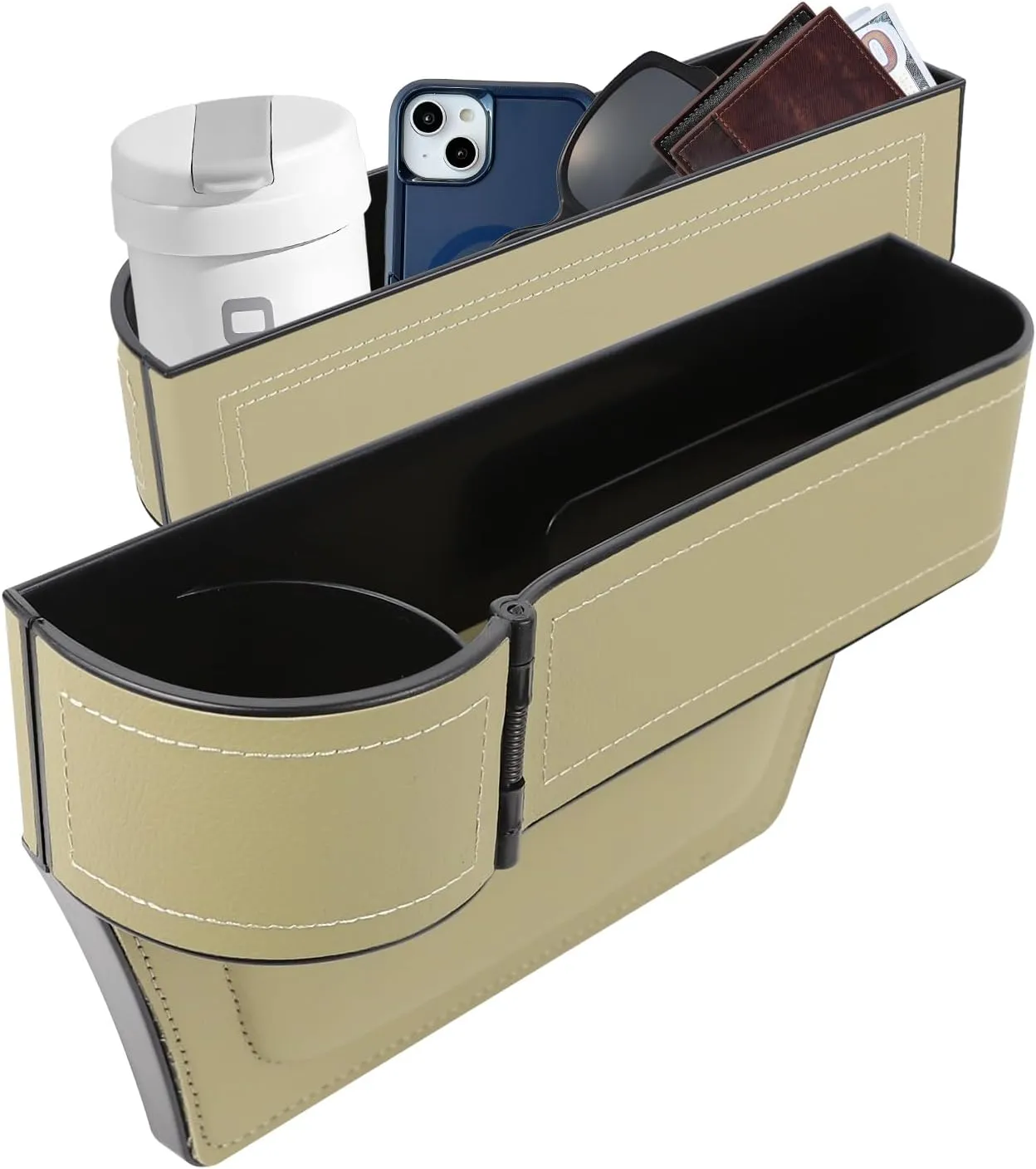 Car Seat Gap Filler Organizer, Multifunctional Car Seat Organizer with Adjustable Cup Holder, Leather Car Seat Gap Storage Box for Holding Phones, Coins, Cards, Keys, Pens (Beige)