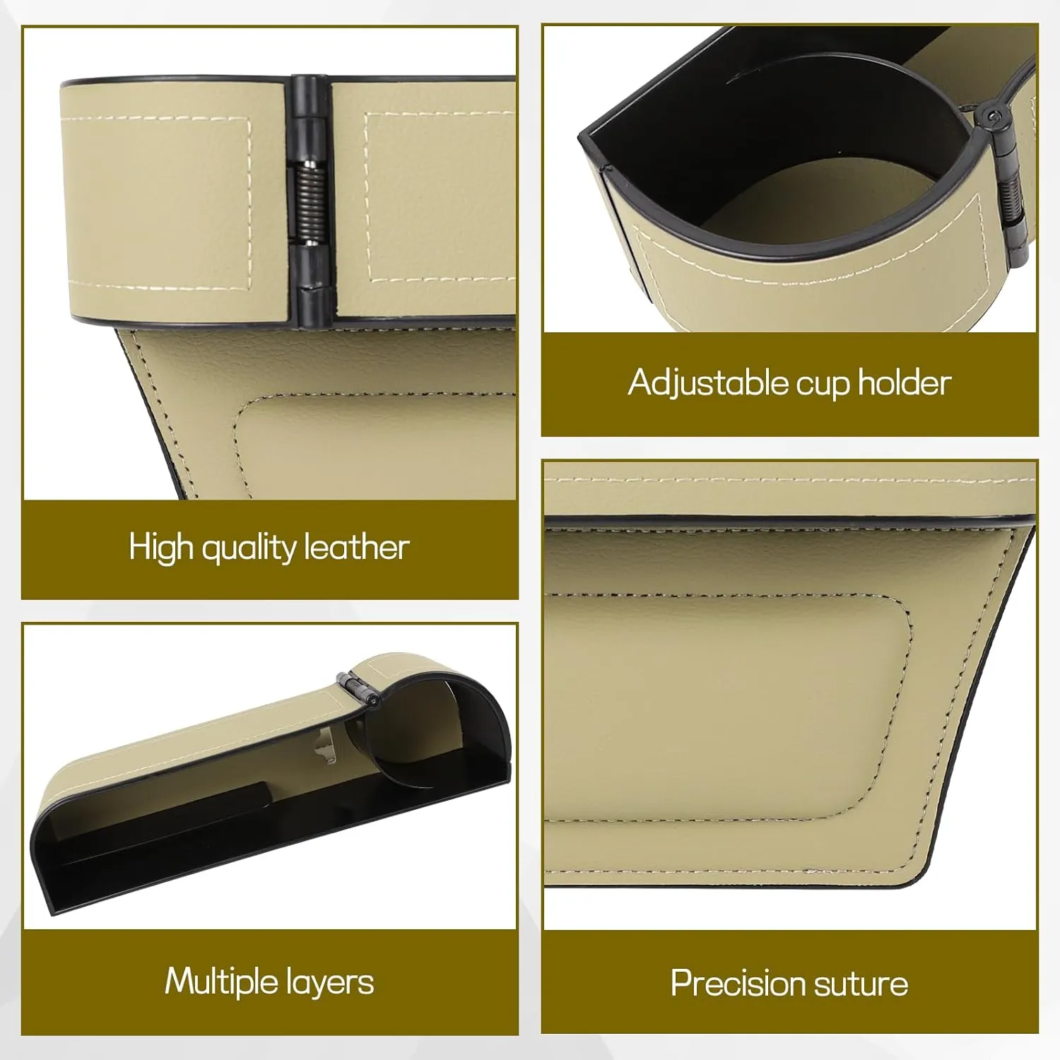 Car Seat Gap Filler Organizer, Multifunctional Car Seat Organizer with Adjustable Cup Holder, Leather Car Seat Gap Storage Box for Holding Phones, Coins, Cards, Keys, Pens (Beige)
