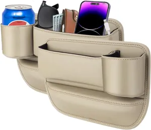 Car Seat Gap Filler with Cup Holder,Leather Car Seat Gap Organizer,Front Car Seat Storage Box for Phones,Keys, Wallet, Sunglasses,and Drinks，fit for Driver/Passenger Seat (Beige，A Pair)
