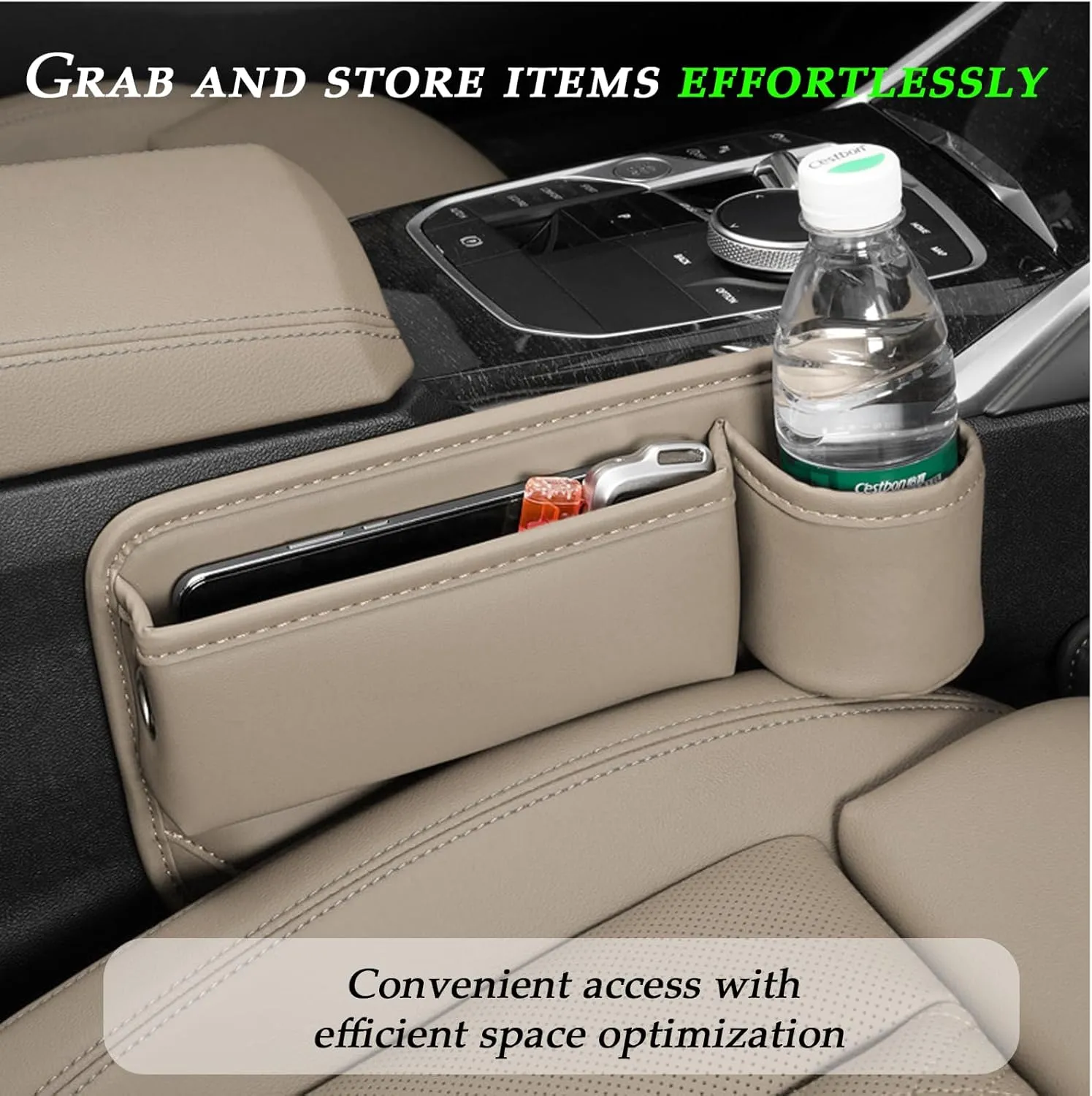 Car Seat Gap Filler with Cup Holder,Leather Car Seat Gap Organizer,Front Car Seat Storage Box for Phones,Keys, Wallet, Sunglasses,and Drinks，fit for Driver/Passenger Seat (Beige，A Pair)