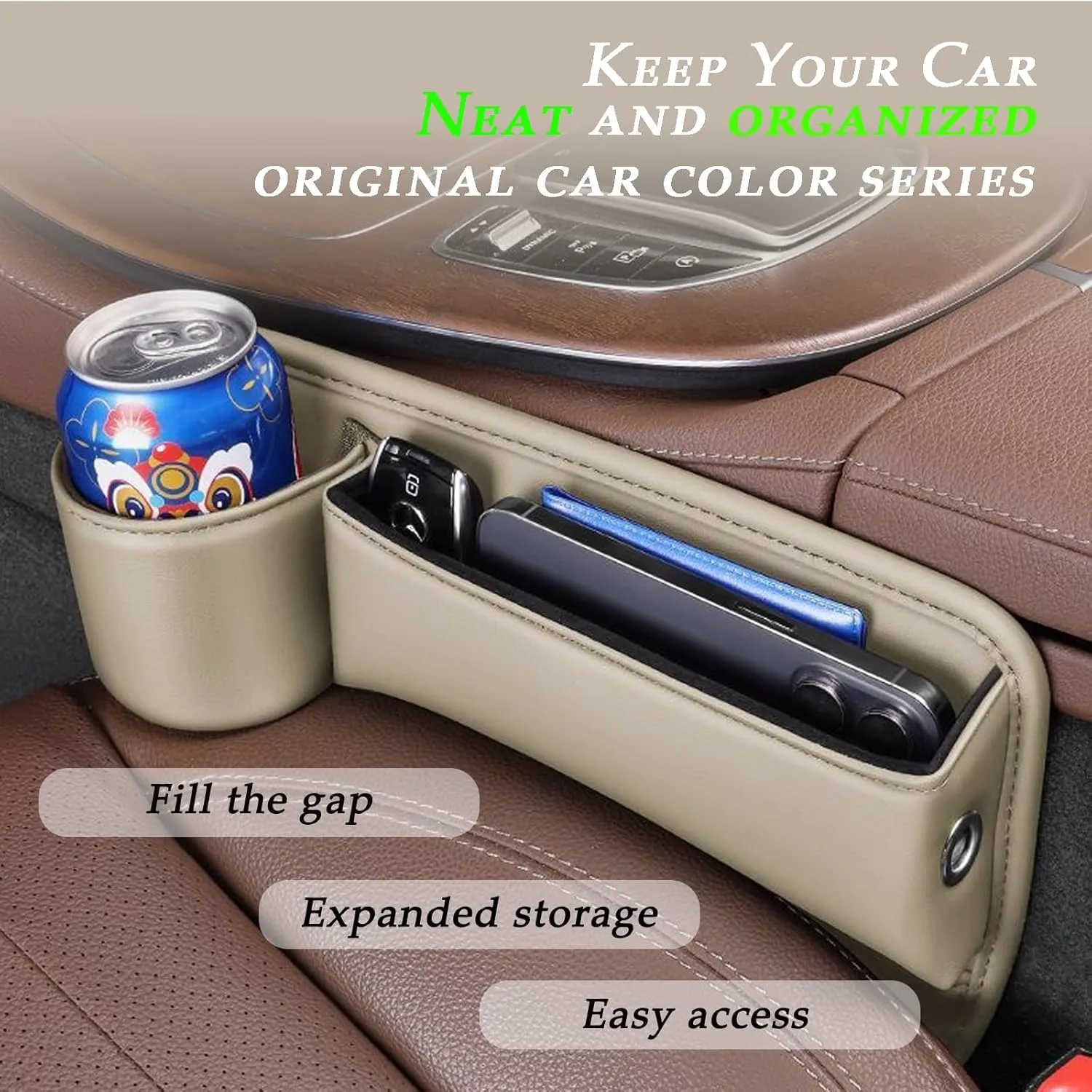 Car Seat Gap Filler with Cup Holder,Leather Car Seat Gap Organizer,Front Car Seat Storage Box for Phones,Keys, Wallet, Sunglasses,and Drinks，fit for Driver/Passenger Seat (Beige，A Pair)