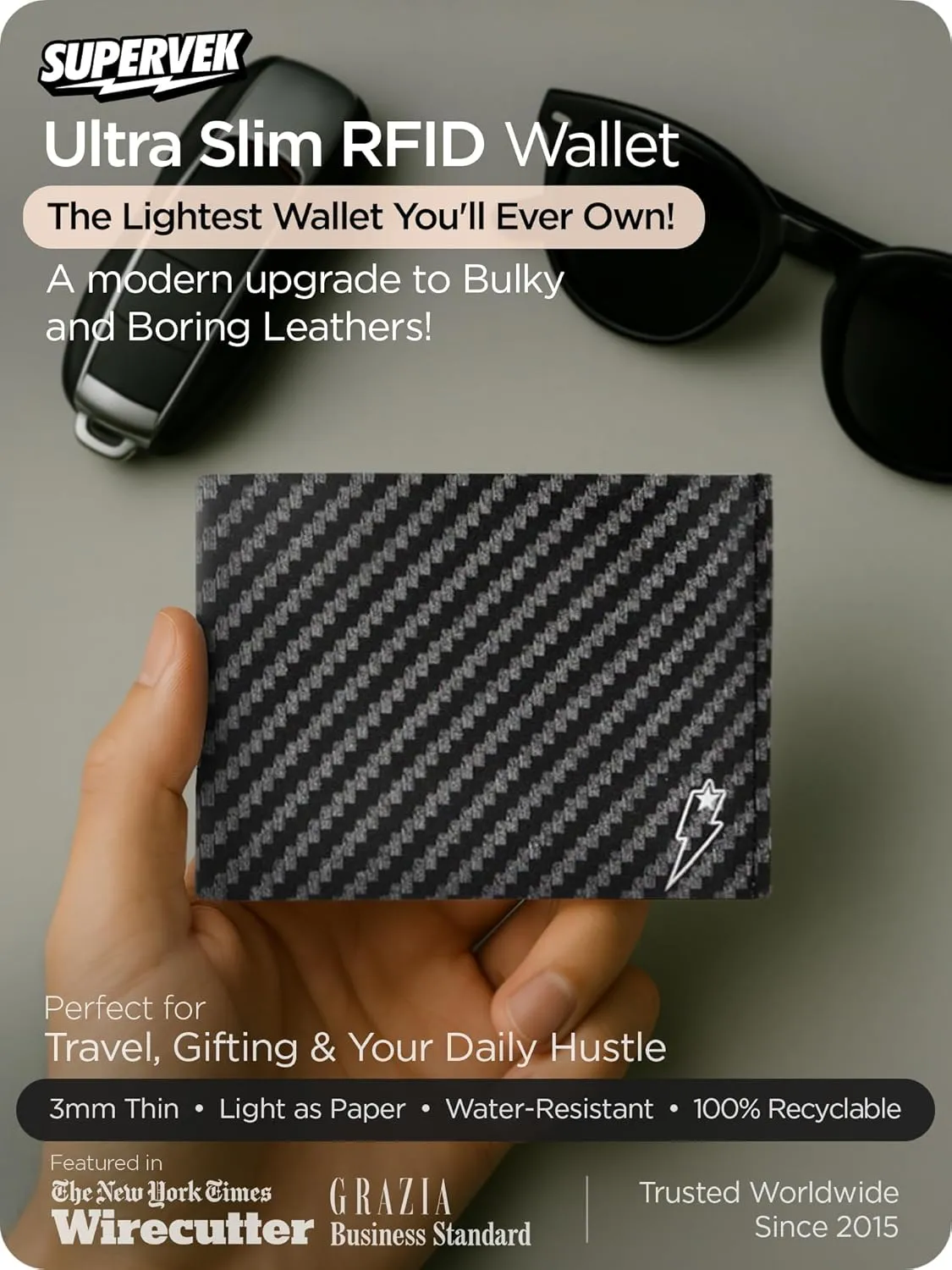 Carbon Fiber Stitched Tyvek Paper Mighty Wallet - Vegan Thin Tear & Water-Resistant Slim Wallet for men - Mens Credit Card Holder Wallet - Minimalist Streetwear Bifold Wallets for Men - RFID