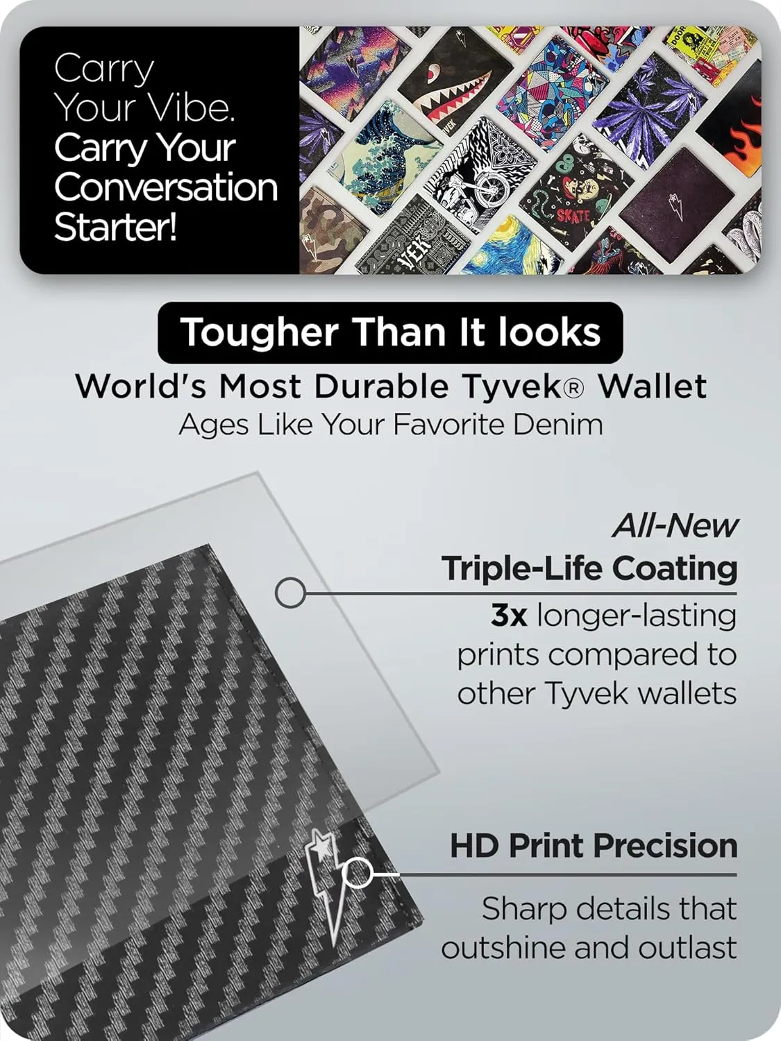 Carbon Fiber Stitched Tyvek Paper Mighty Wallet - Vegan Thin Tear & Water-Resistant Slim Wallet for men - Mens Credit Card Holder Wallet - Minimalist Streetwear Bifold Wallets for Men - RFID