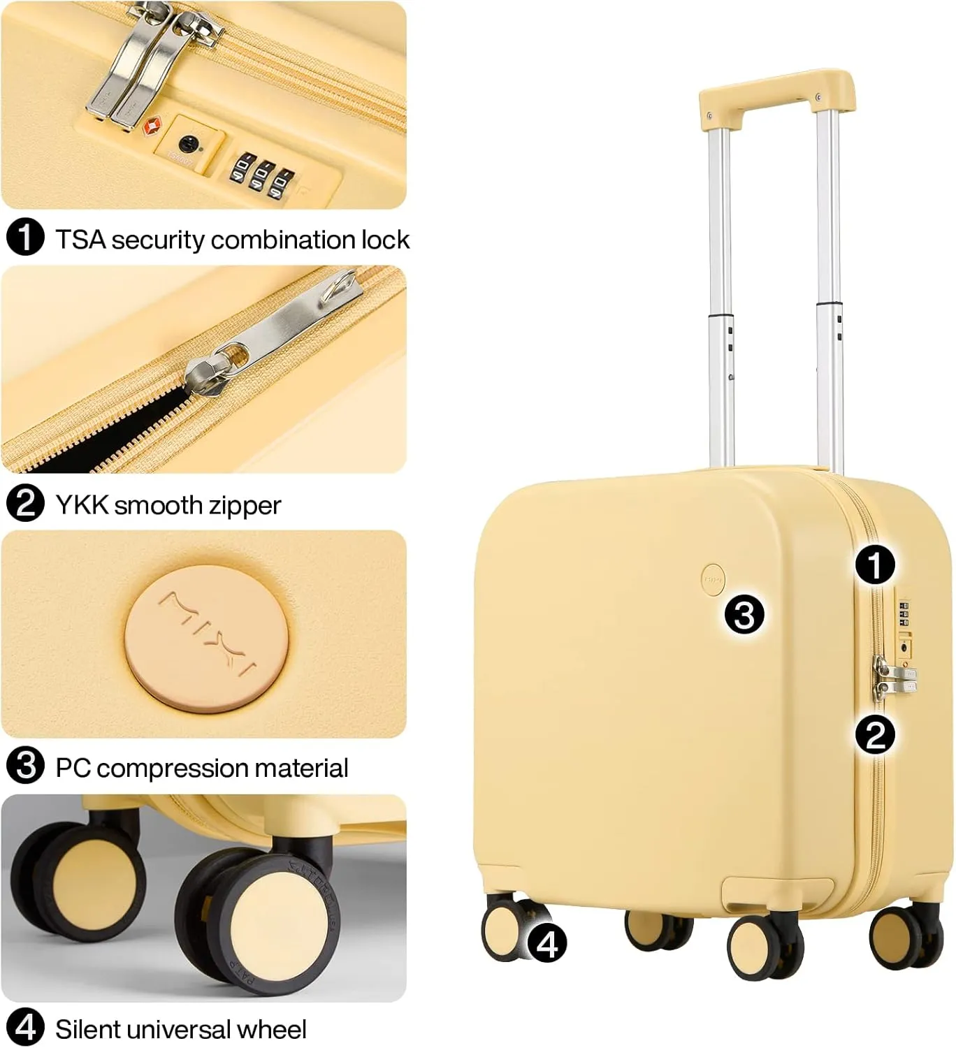Carry on Luggage, Mixi Suitcase Spinner Wheels Luggage Hardshell Lightweight Rolling Suitcases PC with Cover & TSA Lock for Business Travel Lark Yellow
