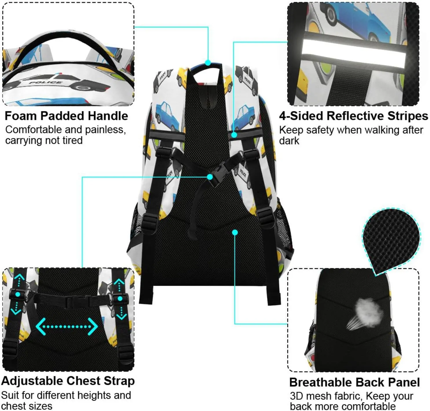 Cars Taxis Backpack for Girls Kids Boys School Bookbags, Student Laptop Backpack Carrying Bag Casual Lightweight Travel Sports Day Packs