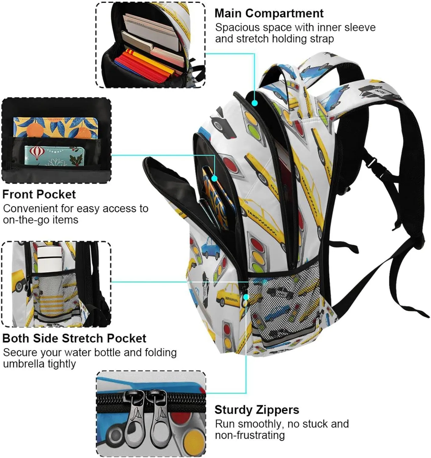 Cars Taxis Backpack for Girls Kids Boys School Bookbags, Student Laptop Backpack Carrying Bag Casual Lightweight Travel Sports Day Packs