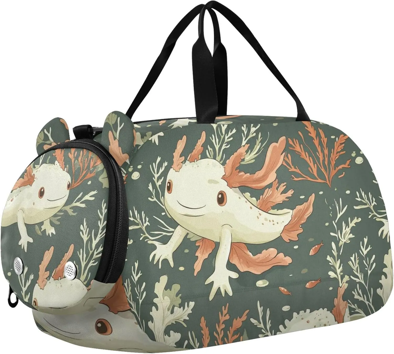 Cartoon Axolotl and Seaweed Green Sports Duffle Bag for Girls Boys Kids, Gym Bag with Shoe Compartment, Kids Travel Overnight Weekender Shoulder Bag