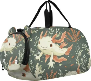 Cartoon Axolotl and Seaweed Green Sports Duffle Bag for Girls Boys Kids, Gym Bag with Shoe Compartment, Kids Travel Overnight Weekender Shoulder Bag