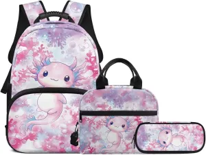 Cartoon Axolotl Backpack for Girls 3 PCS Kids Back Pack School Bookbag with Lunch Case Pencil Pouch Lightweight Preschool Daypack Satchel