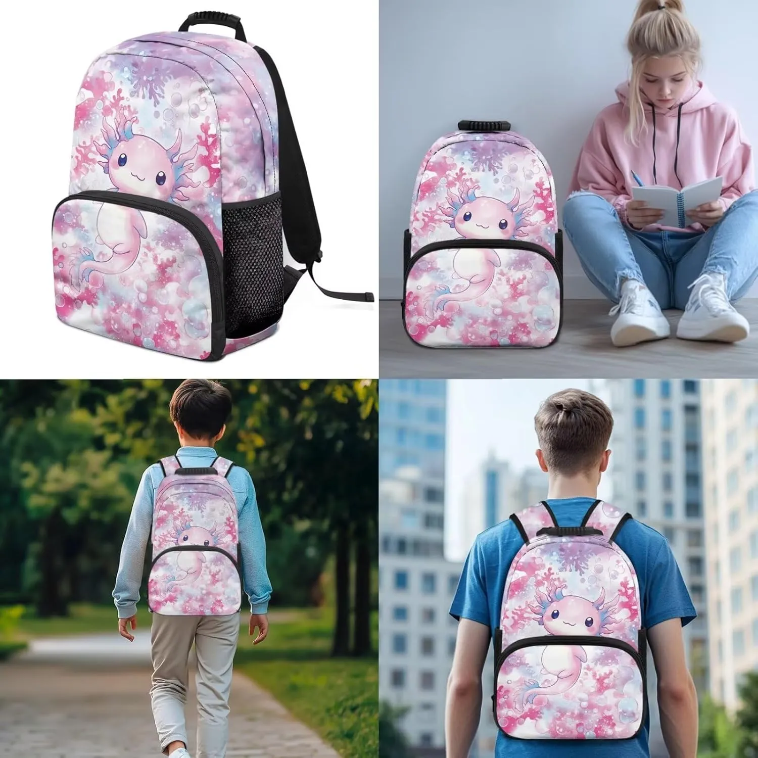 Cartoon Axolotl Backpack for Girls 3 PCS Kids Back Pack School Bookbag with Lunch Case Pencil Pouch Lightweight Preschool Daypack Satchel