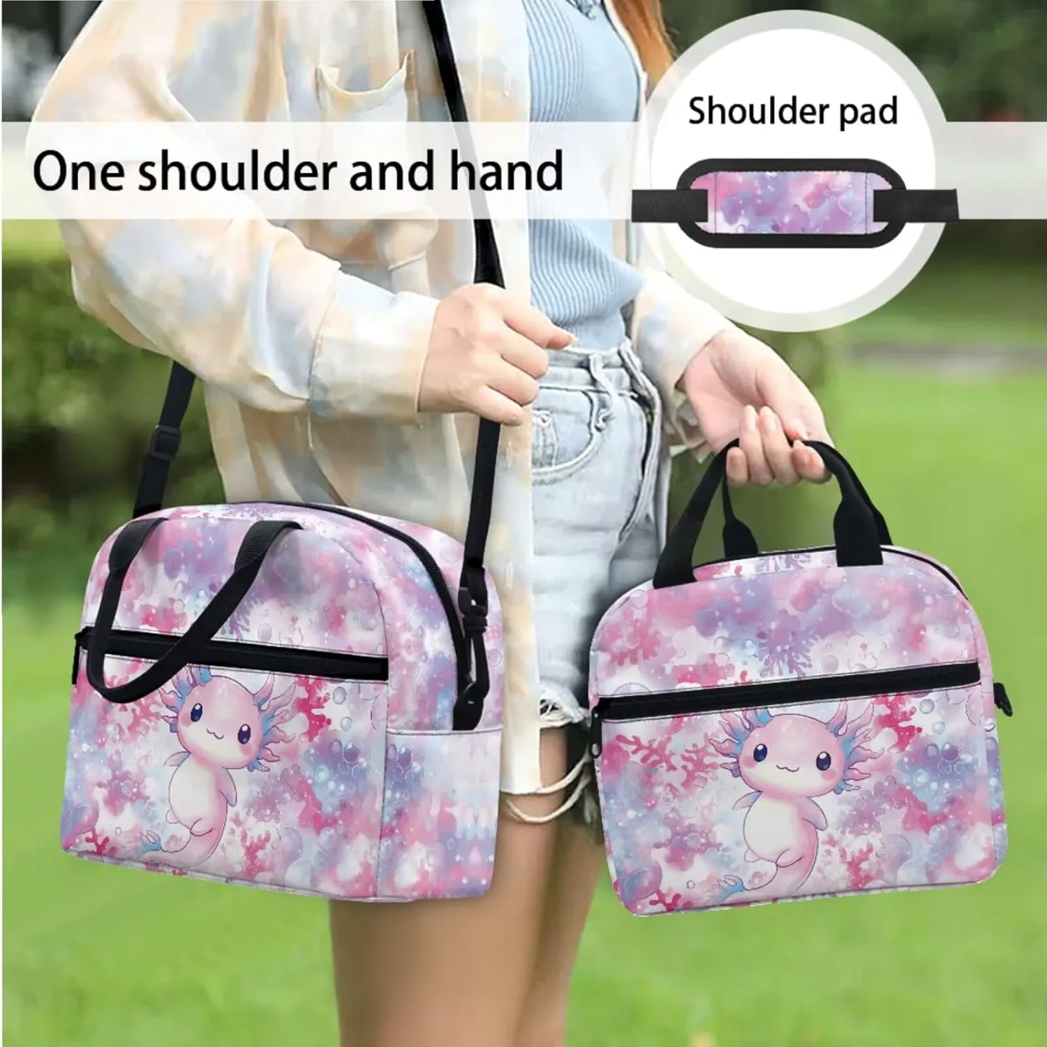 Cartoon Axolotl Backpack for Girls 3 PCS Kids Back Pack School Bookbag with Lunch Case Pencil Pouch Lightweight Preschool Daypack Satchel