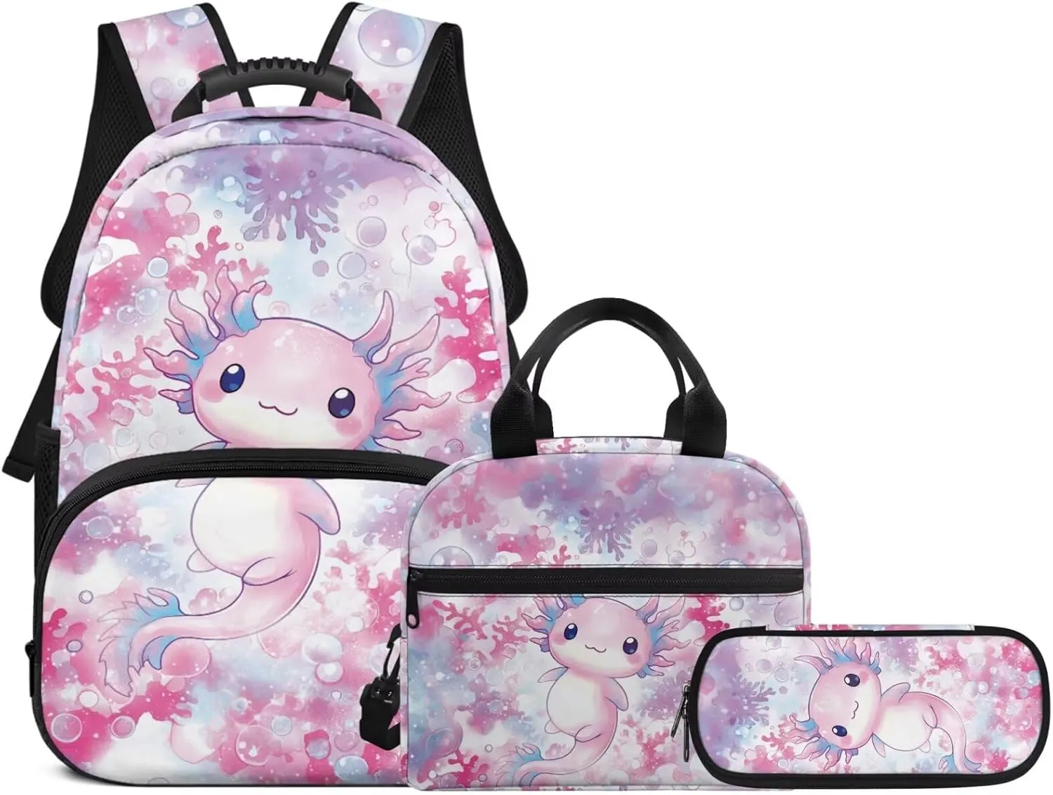 Cartoon Axolotl Backpack for Girls 3 PCS Kids Back Pack School Bookbag with Lunch Case Pencil Pouch Lightweight Preschool Daypack Satchel