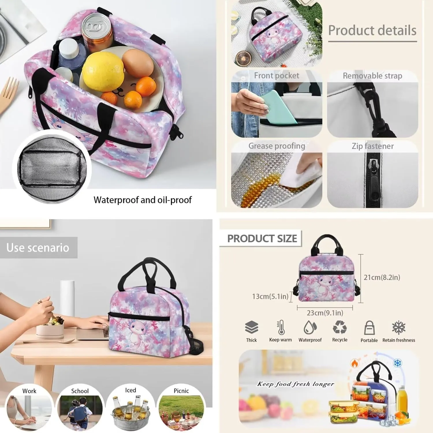Cartoon Axolotl Backpack for Girls 3 PCS Kids Back Pack School Bookbag with Lunch Case Pencil Pouch Lightweight Preschool Daypack Satchel