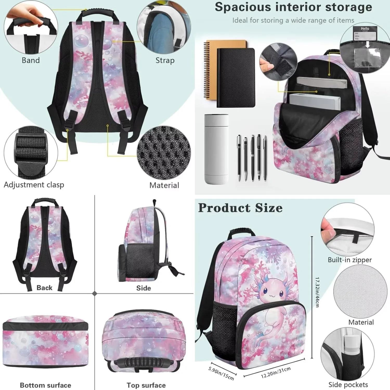 Cartoon Axolotl Backpack for Girls 3 PCS Kids Back Pack School Bookbag with Lunch Case Pencil Pouch Lightweight Preschool Daypack Satchel