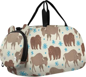 Cartoon Bear and Bison Sports Duffle Bag for Girls Boys, Gym Bag with Shoe Compartment, Kids Travel Overnight Weekender Shoulder Bag