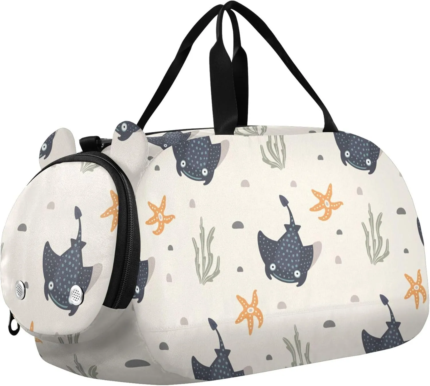 Cartoon Blue Stingrays and Starfish Sports Duffle Bag for Girls Boys, Gym Bag with Shoe Compartment, Kids Travel Overnight Weekender Shoulder Bag