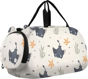 Cartoon Blue Stingrays and Starfish Sports Duffle Bag for Girls Boys, Gym Bag with Shoe Compartment, Kids Travel Overnight Weekender Shoulder Bag