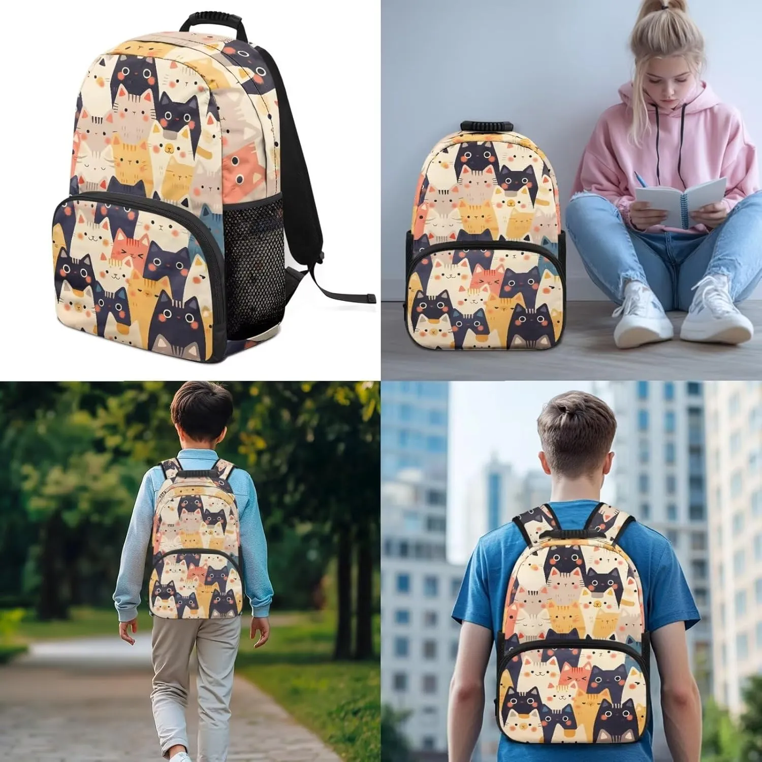 Cartoon Cats Backpack for Boys Kids School Bookbag Satchel with Insulated Lunch Bag and Pen Bag Pencil Case 3 Pieces Set Casual Daypack Book Organizers