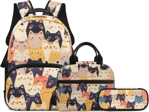 Cartoon Cats Backpack for Boys Kids School Bookbag Satchel with Insulated Lunch Bag and Pen Bag Pencil Case 3 Pieces Set Casual Daypack Book Organizers