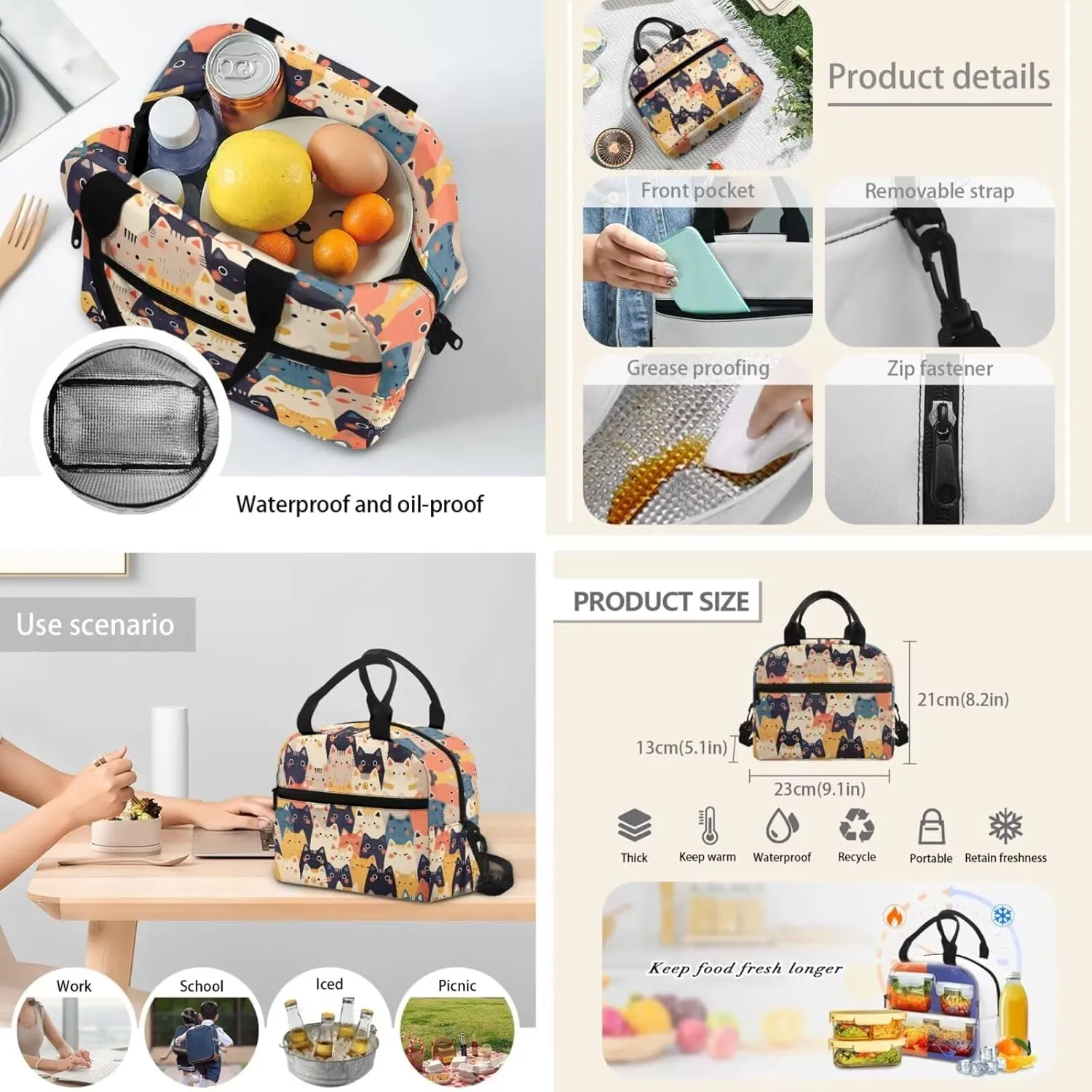Cartoon Cats Backpack for Boys Kids School Bookbag Satchel with Insulated Lunch Bag and Pen Bag Pencil Case 3 Pieces Set Casual Daypack Book Organizers