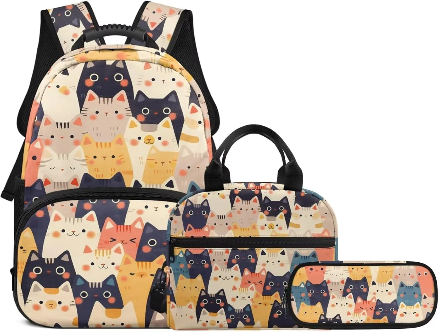 Cartoon Cats Backpack for Boys Kids School Bookbag Satchel with Insulated Lunch Bag and Pen Bag Pencil Case 3 Pieces Set Casual Daypack Book Organizers