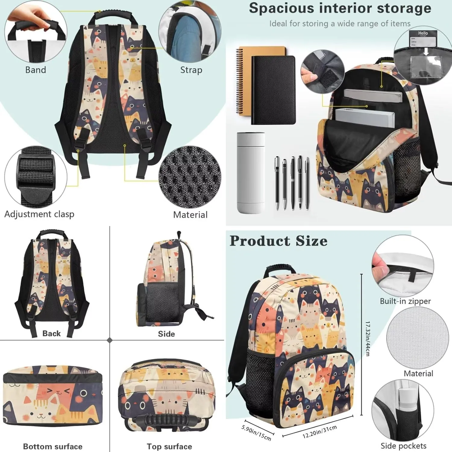Cartoon Cats Backpack for Boys Kids School Bookbag Satchel with Insulated Lunch Bag and Pen Bag Pencil Case 3 Pieces Set Casual Daypack Book Organizers