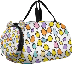 Cartoon Chicks Colorful Sports Duffle Bag for Teens Girls Boys, Gym Bag with Shoe Compartment, Kids Travel Overnight Weekender Shoulder Bag