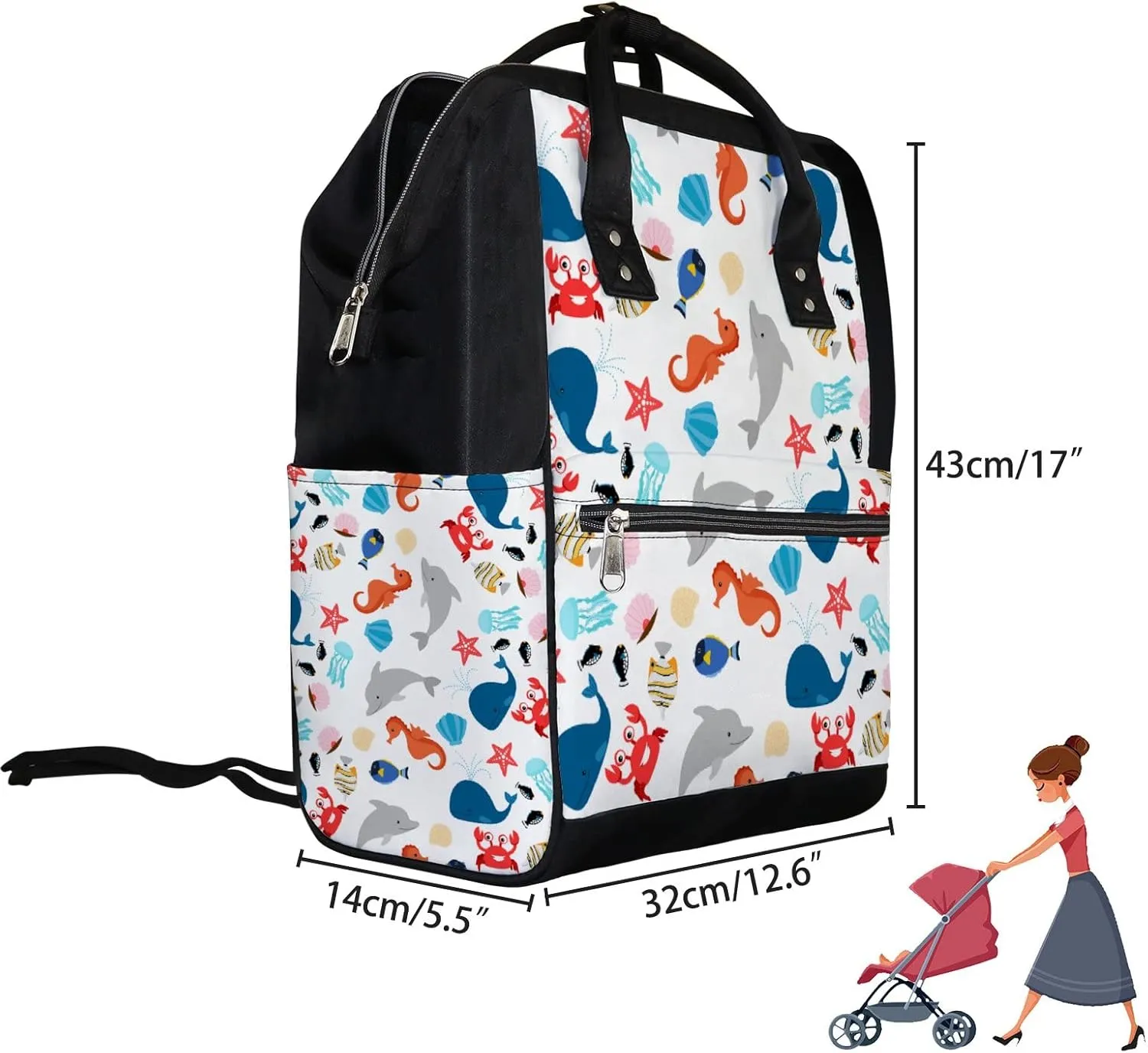 Cartoon Colorful Sea Animal Diaper Bag Backpack Waterproof Backpack Baby Nappy Changing Bag for Travel Large Capacity Durable and Stylish for Woman